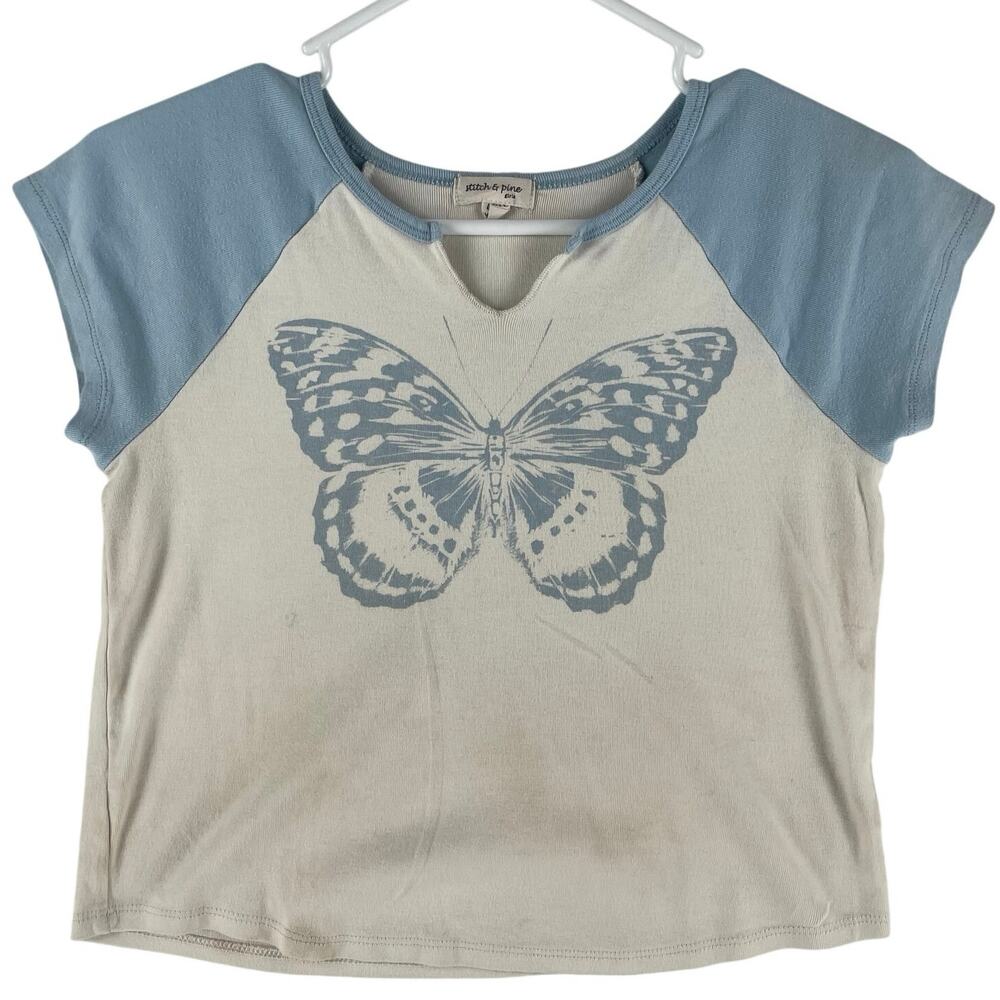 Stitch & Pine Girls Butterfly Baby Tee Crop Top SZ L (14) Cream Blue Raglan